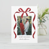 Glitter Bow with Photo Minimalist Christmas Card (Stehend Vorderseite)