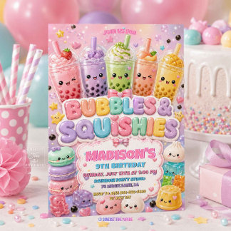 Glitter Bubble Tea und Squishy Geburtstagsfeier Einladung