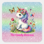 Glitter candy unicorn meadow wildflowers quadratischer aufkleber (Vorderseite)