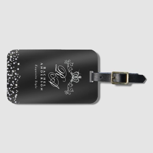 Glitter Crown Monogram Black Gepäckanhänger (Vorderseite (Horizontal))