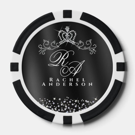 Glitter Crown Monogram Black Pokerchips (Vorderseite)