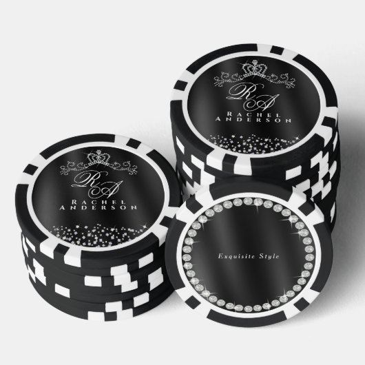 Glitter Crown Monogram Black Pokerchips (Stapel)