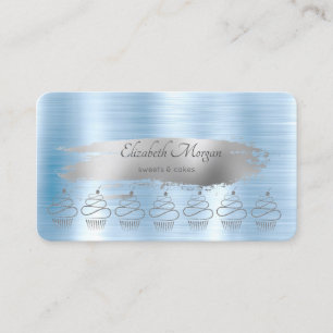 Glitter-Cupcakes Silber-Pinselstrich Blau Metallis Visitenkarte