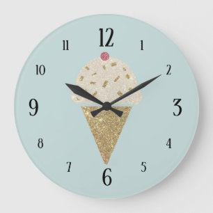 Glitter Cute Ice Cream Cone on Pale Blue Große Wanduhr