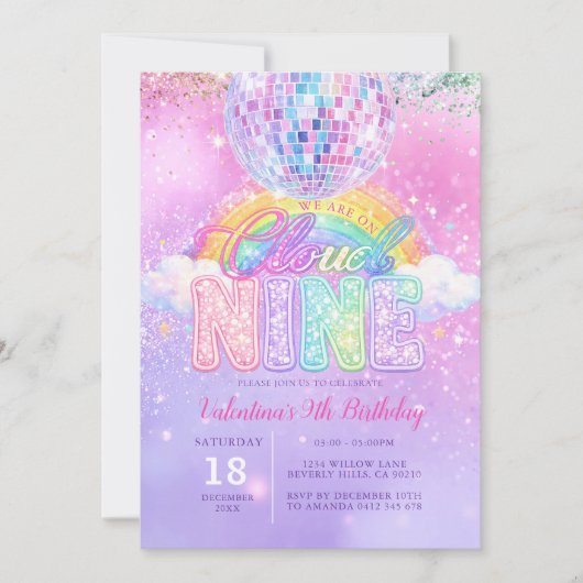 Glitter Disco Ball Pastel Cloud Nine Birthday Einladung (Vorderseite)