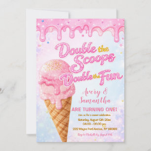 Glitter Double the Scoops Geburtstags-Pastell-Glan Einladung