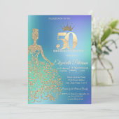 Glitter Dress, Diamonds Blue Ombre 50th Birthday Einladung (Stehend Vorderseite)
