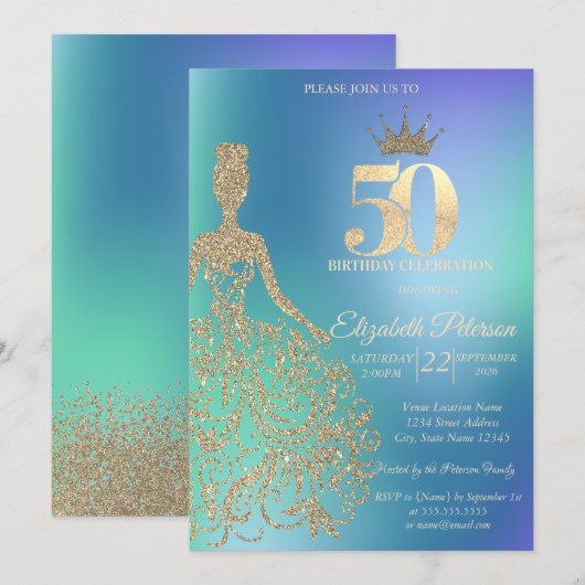 Glitter Dress, Diamonds Blue Ombre 50th Birthday Einladung (Vorne/Hinten)