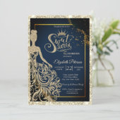 Glitter Dress,Tiara Navy Blue Gold Glitter Einladung (Stehend Vorderseite)