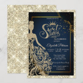 Glitter Dress,Tiara Navy Blue Gold Glitter Einladung (Vorne/Hinten)