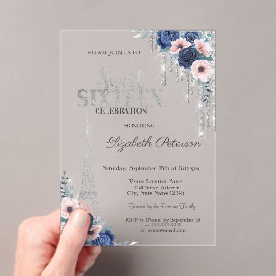 Glitter Drip, Eiffelturm Blaue Rosen Sweet 16 Acryleinladungen