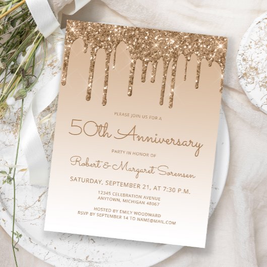Glitter Drip Gold 50th Anniversary Invitation Postkarte