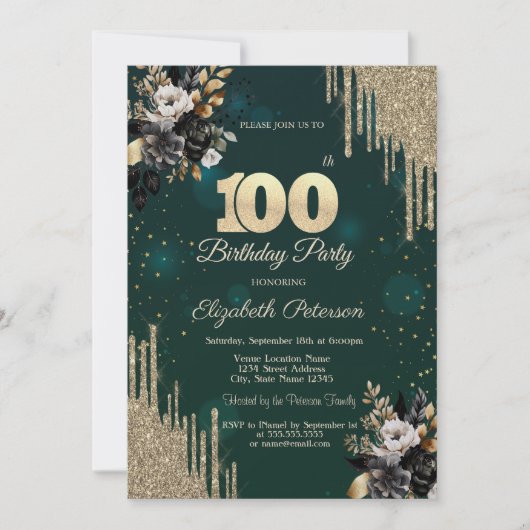 Glitter Drips Black Roses Green 100th Birthday Einladung (Vorderseite)