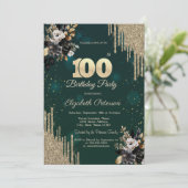 Glitter Drips Black Roses Green 100th Birthday Einladung (Stehend Vorderseite)
