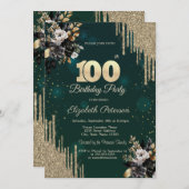 Glitter Drips Black Roses Green 100th Birthday  Einladung (Vorne/Hinten)