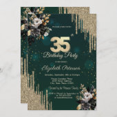 Glitter Drips Black Roses Green 35th Birthday Einladung (Vorne/Hinten)