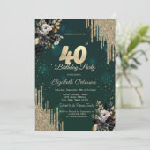 Glitter Drips Black Roses Green 40th Birthday  Einladung (Stehend Vorderseite)