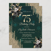 Glitter Drips Black Roses Green 75th Birthday Einladung (Vorne/Hinten)