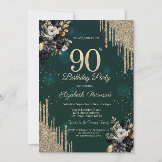 Glitter Drips Black Roses Green 90th Birthday  Einladung (Vorderseite)