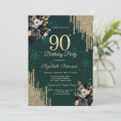Glitter Drips Black Roses Green 90th Birthday Einladung (Stehend Vorderseite)