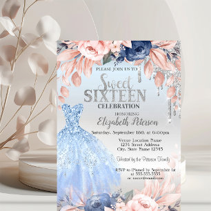 Glitter Drips, Blaue Blumen Kleid Silber Sweet 16 Einladung