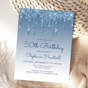 Glitter Drips Blue 50. Geburtstagsfeier Einladung Postkarte