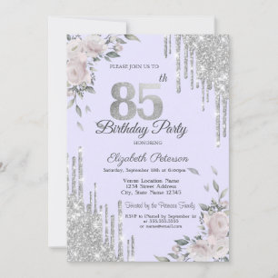 Glitter Drips, Blumen Lavendel 85. Geburtstag Einladung