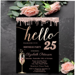 Glitter Drips, Champagnerglas 25. Geburtstagsfeier Einladung