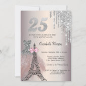 Glitter Drips Dress Eiffel Tower Bow 25th  Einladung (Vorderseite)