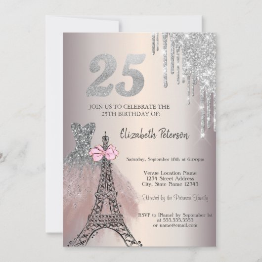 Glitter Drips Dress Eiffel Tower Bow 25th Einladung (Vorderseite)