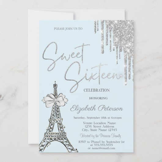 Glitter Drips Eiffel Tower Bow Blue Sweet 16 Einladung (Vorderseite)