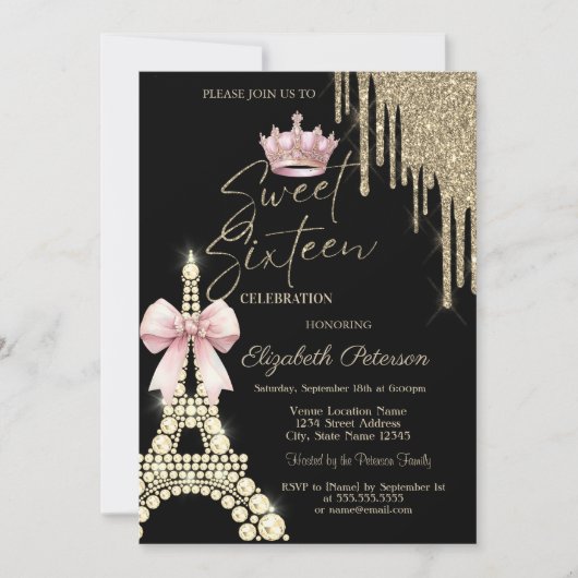 Glitter Drips,Eiffel Tower Bow Crown Sweet 16  Einladung (Vorderseite)