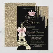 Glitter Drips,Eiffel Tower Bow Crown Sweet 16  Einladung (Vorne/Hinten)