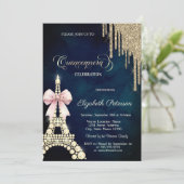 Glitter Drips,Eiffel Tower Bow Navy Blue  Einladung (Stehend Vorderseite)