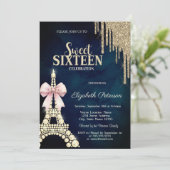 Glitter Drips,Eiffel Tower Bow Navy Blue Sweet 16  Einladung (Stehend Vorderseite)