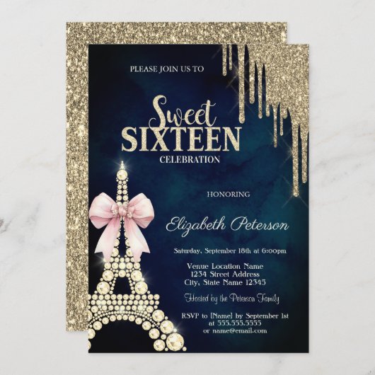 Glitter Drips,Eiffel Tower Bow Navy Blue Sweet 16  Einladung (Vorne/Hinten)