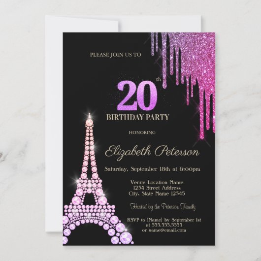 Glitter Drips,Eiffel Tower Diamonds 20th Birthday Einladung (Vorderseite)