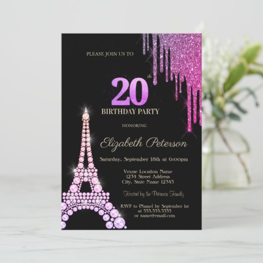 Glitter Drips,Eiffel Tower Diamonds 20th Birthday Einladung (Stehend Vorderseite)