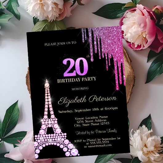 Glitter Drips,Eiffel Tower Diamonds 20th Birthday Einladung