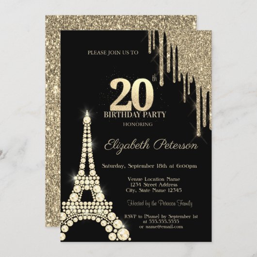 Glitter Drips,Eiffel Tower Diamonds 20th Birthday Einladung (Vorne/Hinten)