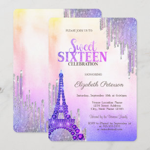 Glitter Drips Eiffelturm Metallisch Sweet 16  Einladung