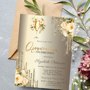 Glitter Drips Floral Champagnerglas Quinceañera Einladung