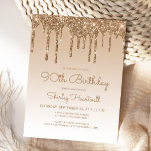 Glitter Drips Gold 90. Geburtstagseinladung Postkarte