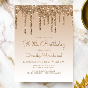 Glitter Drips Gold 90. Geburtstagseinladung Postkarte