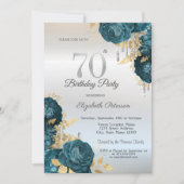 Glitter Drips Green Flowers Silver 70th Birthday  Einladung (Vorderseite)
