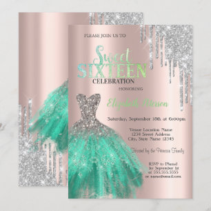 Glitter Drips, Grüne Rose in Roségold Sweet 16 Einladung