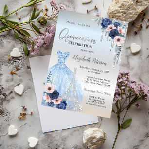 Glitter Drips,Kleid,blaue Rosen Quinceañera Einladung