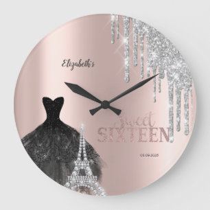 Glitter Drips,Kleid,Eiffelturm Sweet 16 Große Wanduhr