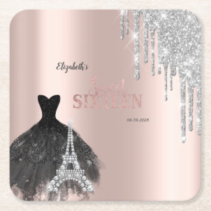 Glitter Drips,Kleid,Eiffelturm Sweet 16 Rechteckiger Pappuntersetzer