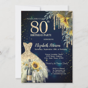 Glitter Drips,Kleid,Sonnenblumen Blau 80. Geburtst Einladung
